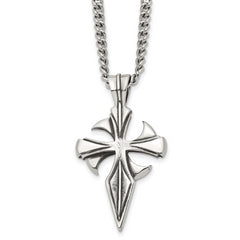 Chisel Stainless Steel Antiqued and Polished Dagger Cross Pendant on a 22 inch Curb Chain Necklace