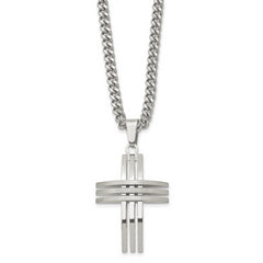 Chisel Stainless Steel Brushed and Polished Cross Pendant on a 24 inch Curb Chain Necklace