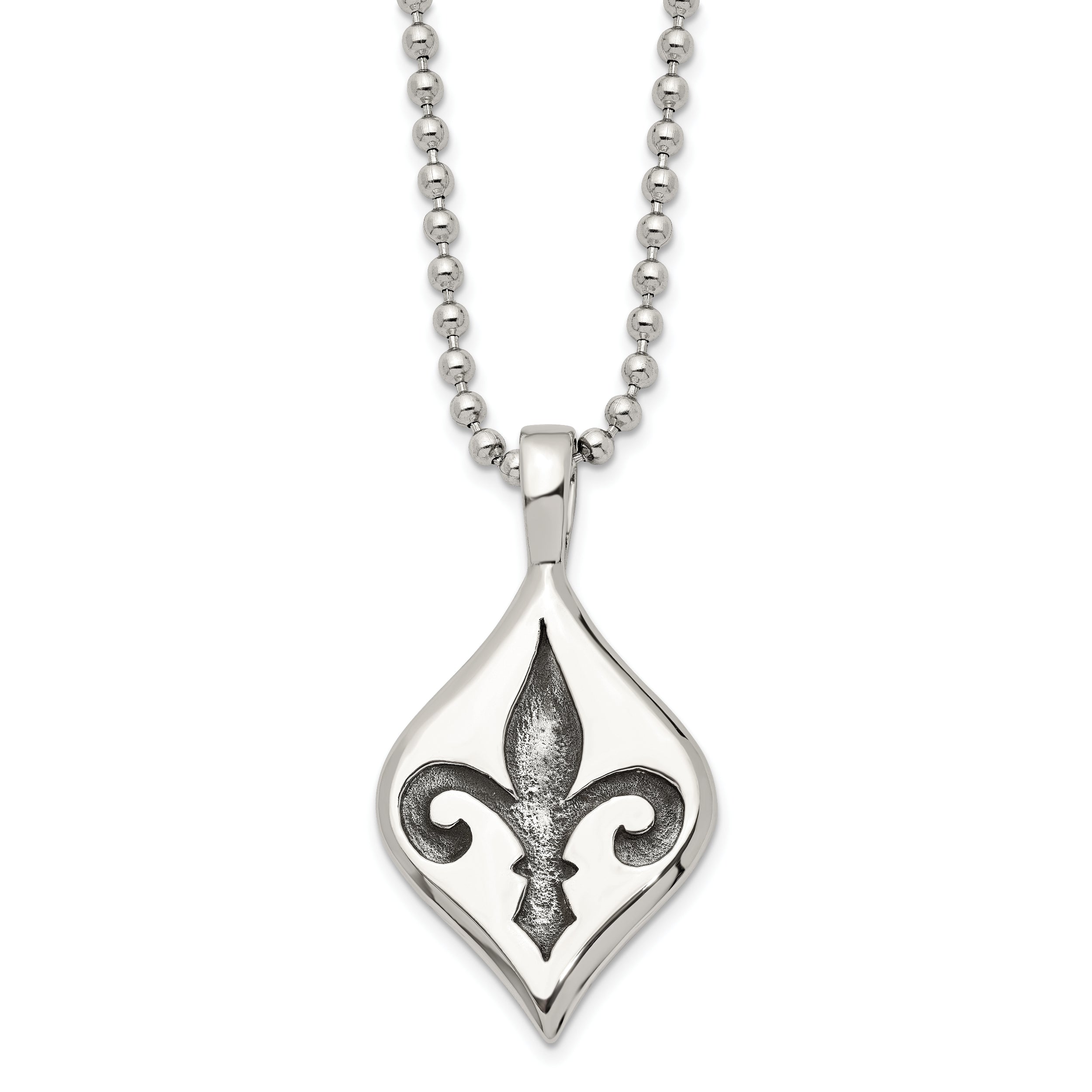 Stainless Steel Antiqued and Polished Fleur de lis 22in Necklace