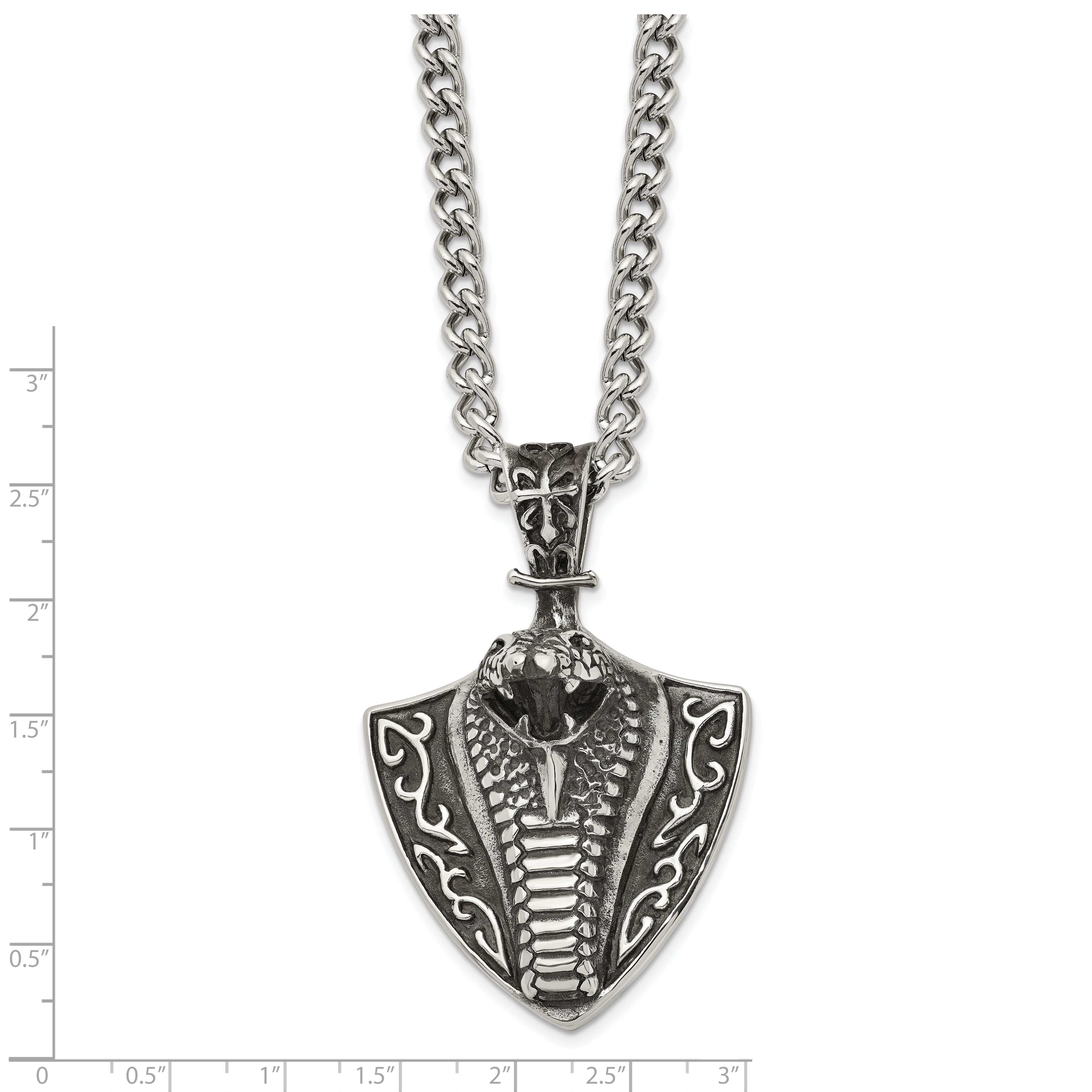 Chisel Stainless Steel Antiqued Polished and Textured Snake on Shield Pendant on a 30 inch Curb Chain Necklace