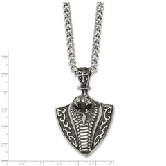 Chisel Stainless Steel Antiqued Polished and Textured Snake on Shield Pendant on a 30 inch Curb Chain Necklace