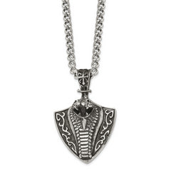 Chisel Stainless Steel Antiqued Polished and Textured Snake on Shield Pendant on a 30 inch Curb Chain Necklace