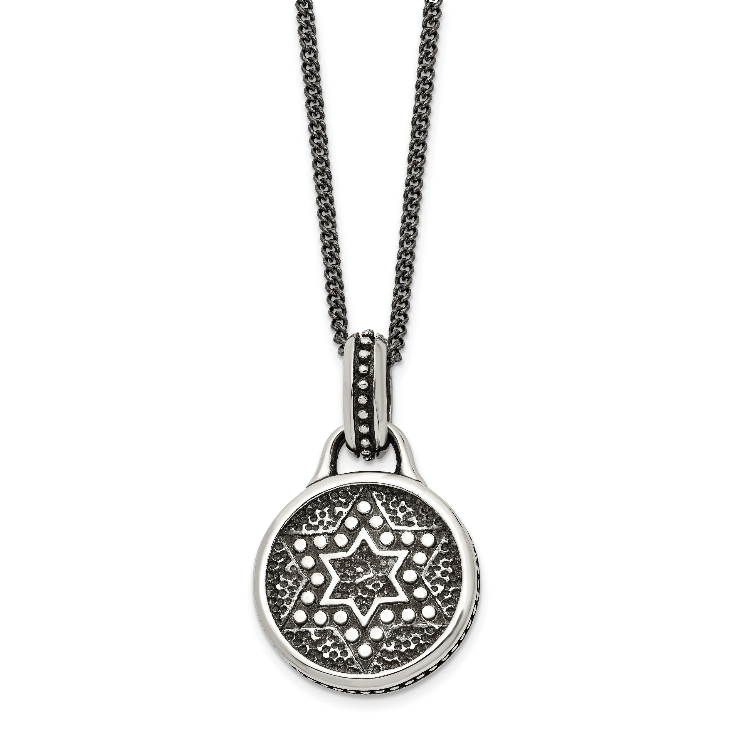 Stainless Steel Antiqued and Polished Star of David 22in Necklace