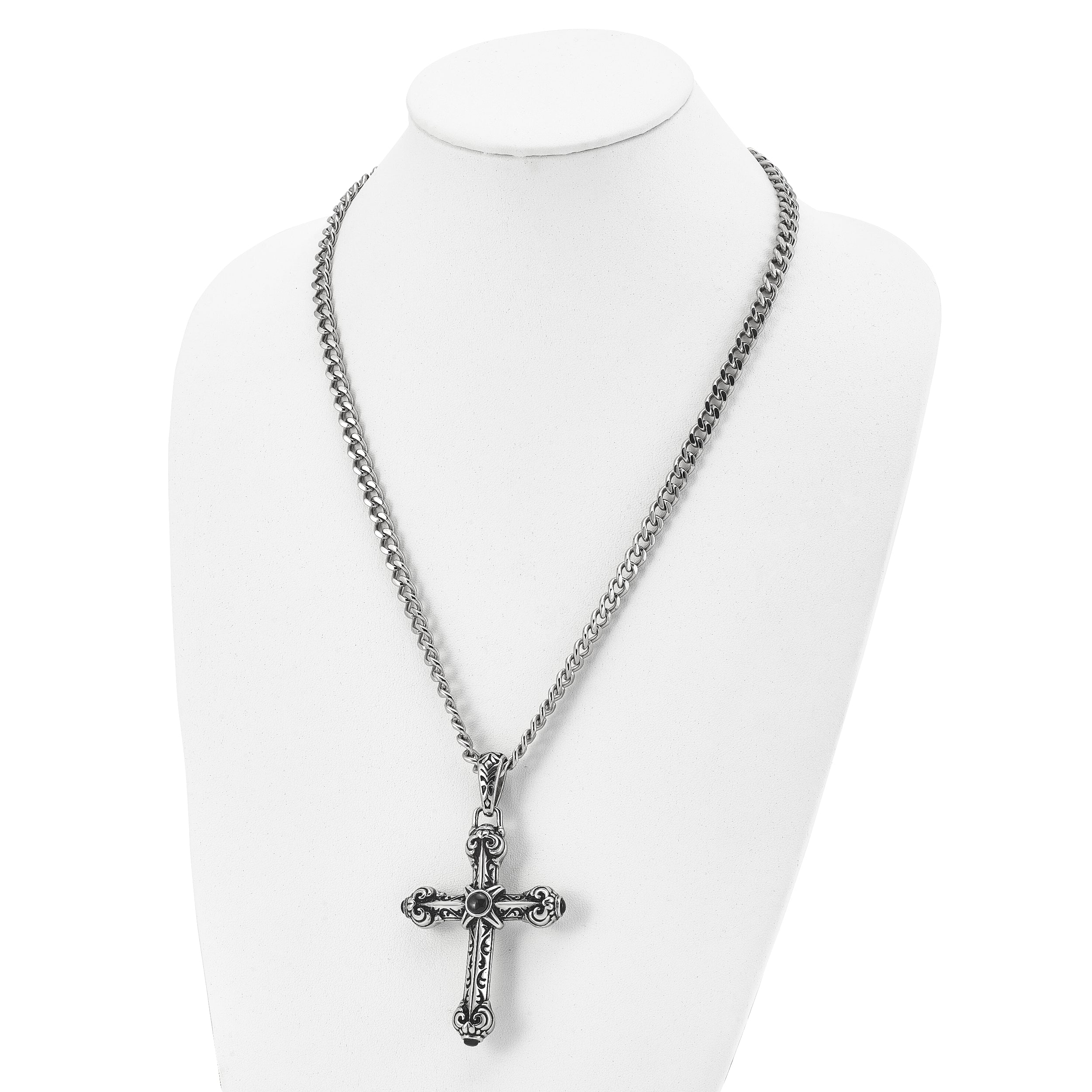 Chisel Stainless Steel Antiqued and Polished with Synthetic Black Agate Cross Pendant on a 24 inch Curb Chain Necklace