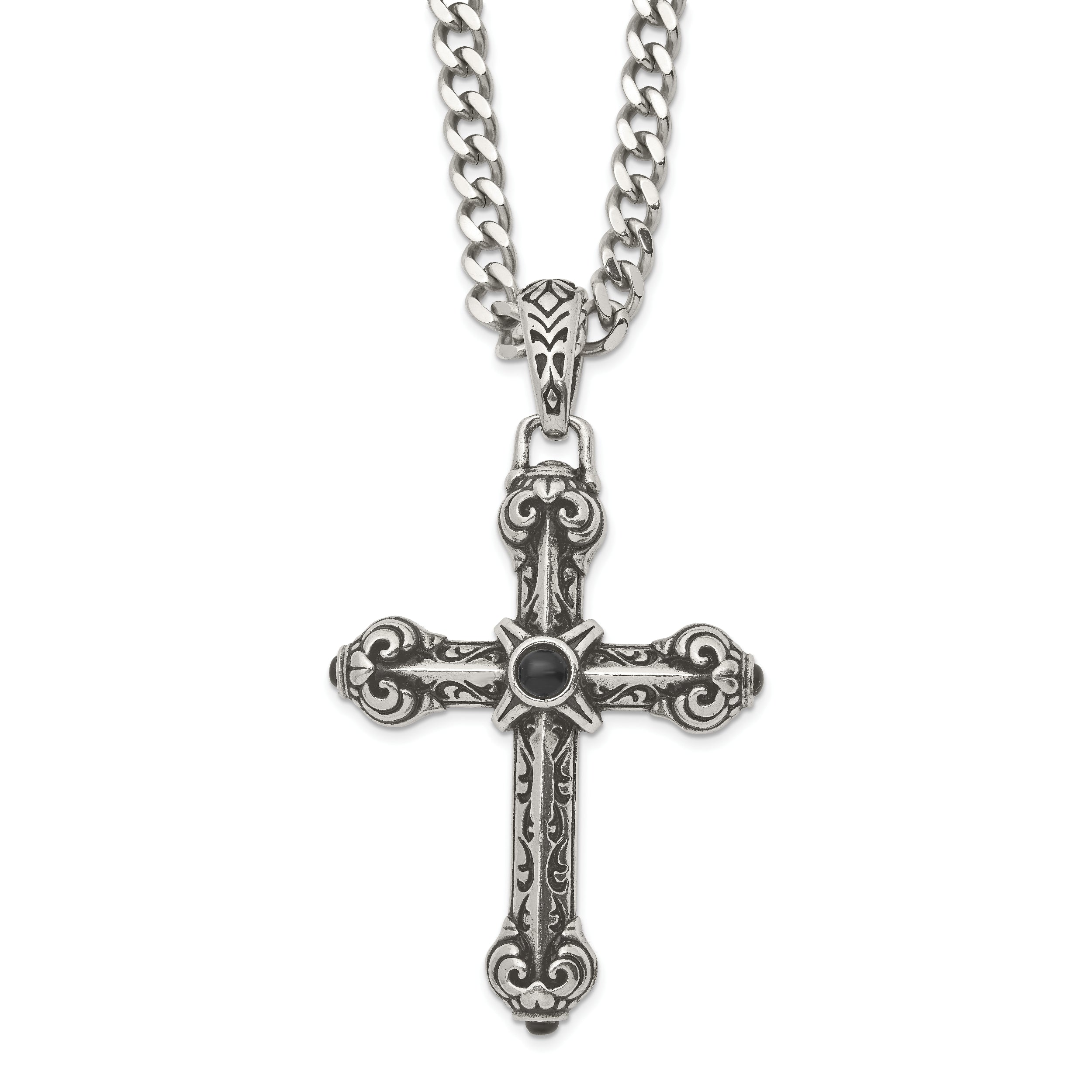 Chisel Stainless Steel Antiqued and Polished with Synthetic Black Agate Cross Pendant on a 24 inch Curb Chain Necklace