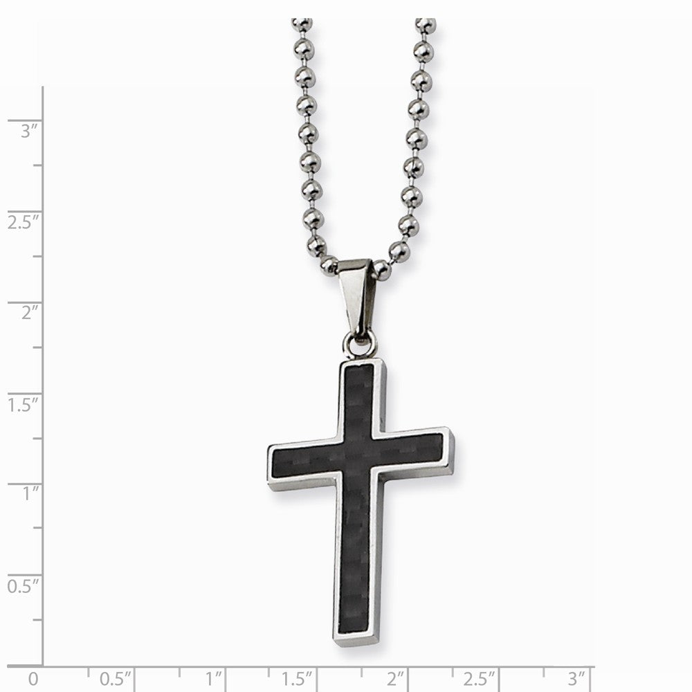 Stainless Steel Cross Necklace with Carbon Fiber Inlay, Polished Finish