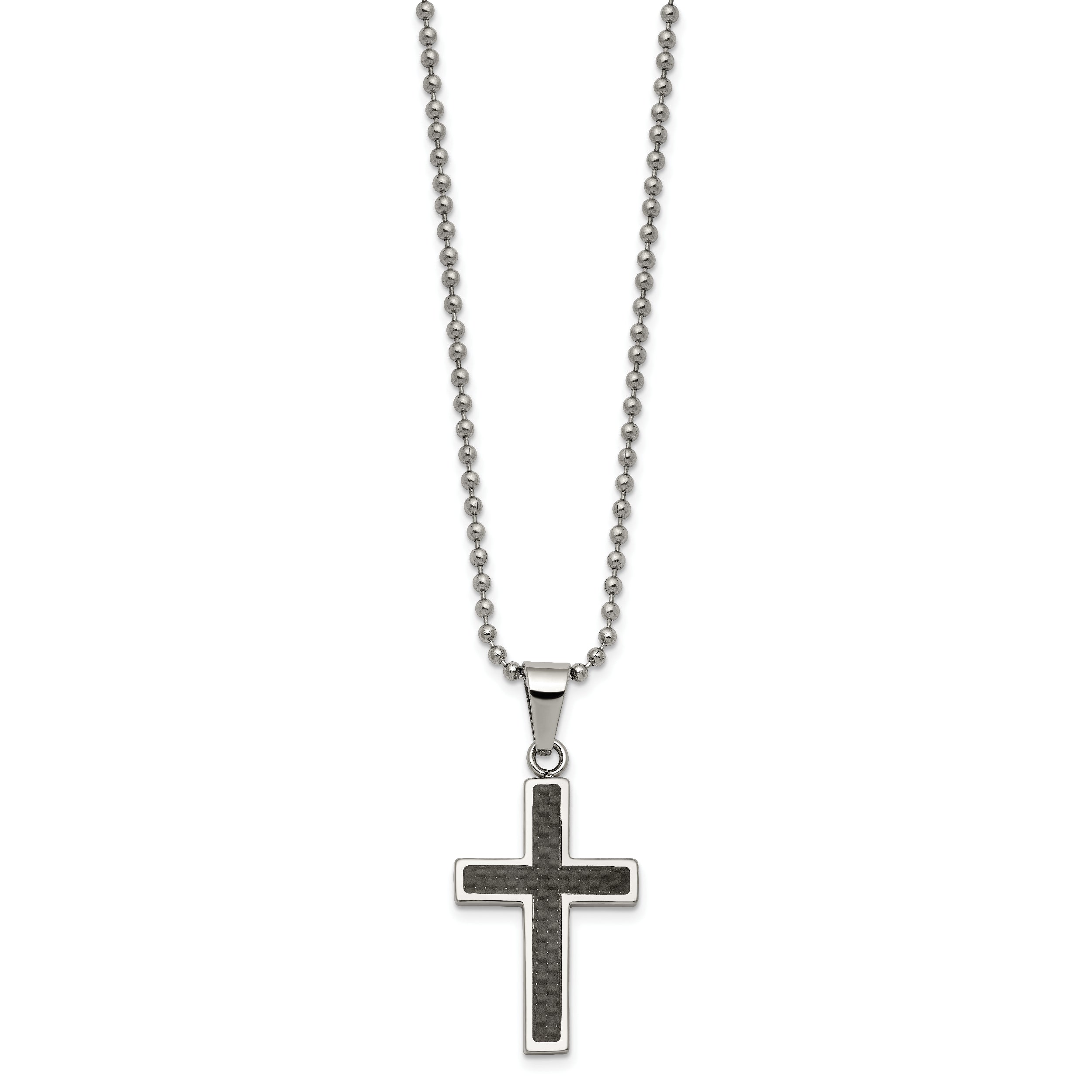 Chisel Stainless Steel Polished with Black Carbon Fiber Inlay Cross Pendant on a 22 inch Ball Chain Necklace