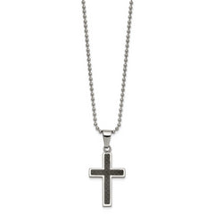 Chisel Stainless Steel Polished with Black Carbon Fiber Inlay Cross Pendant on a 22 inch Ball Chain Necklace