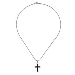 Chisel Stainless Steel Polished with Black Carbon Fiber Inlay Cross Pendant on a 22 inch Ball Chain Necklace