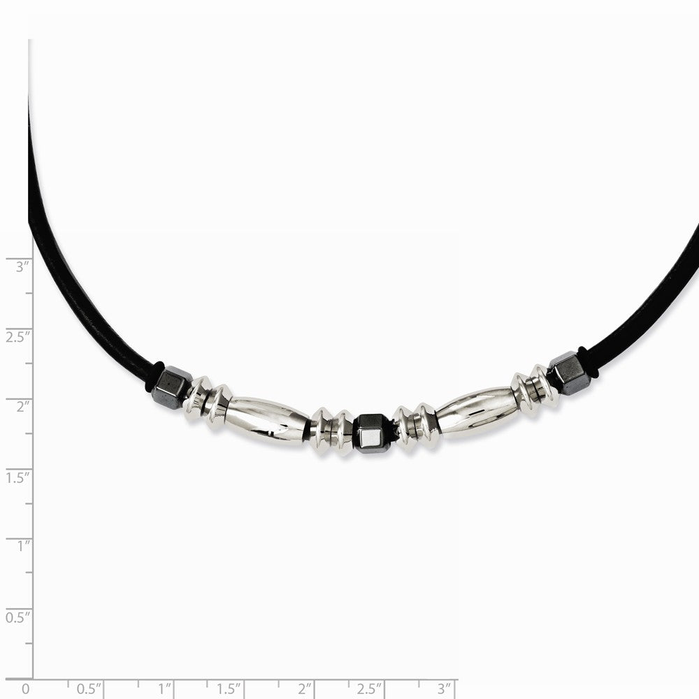 Stainless Steel Leather Polished & Hematite Beads 16.5in Necklace