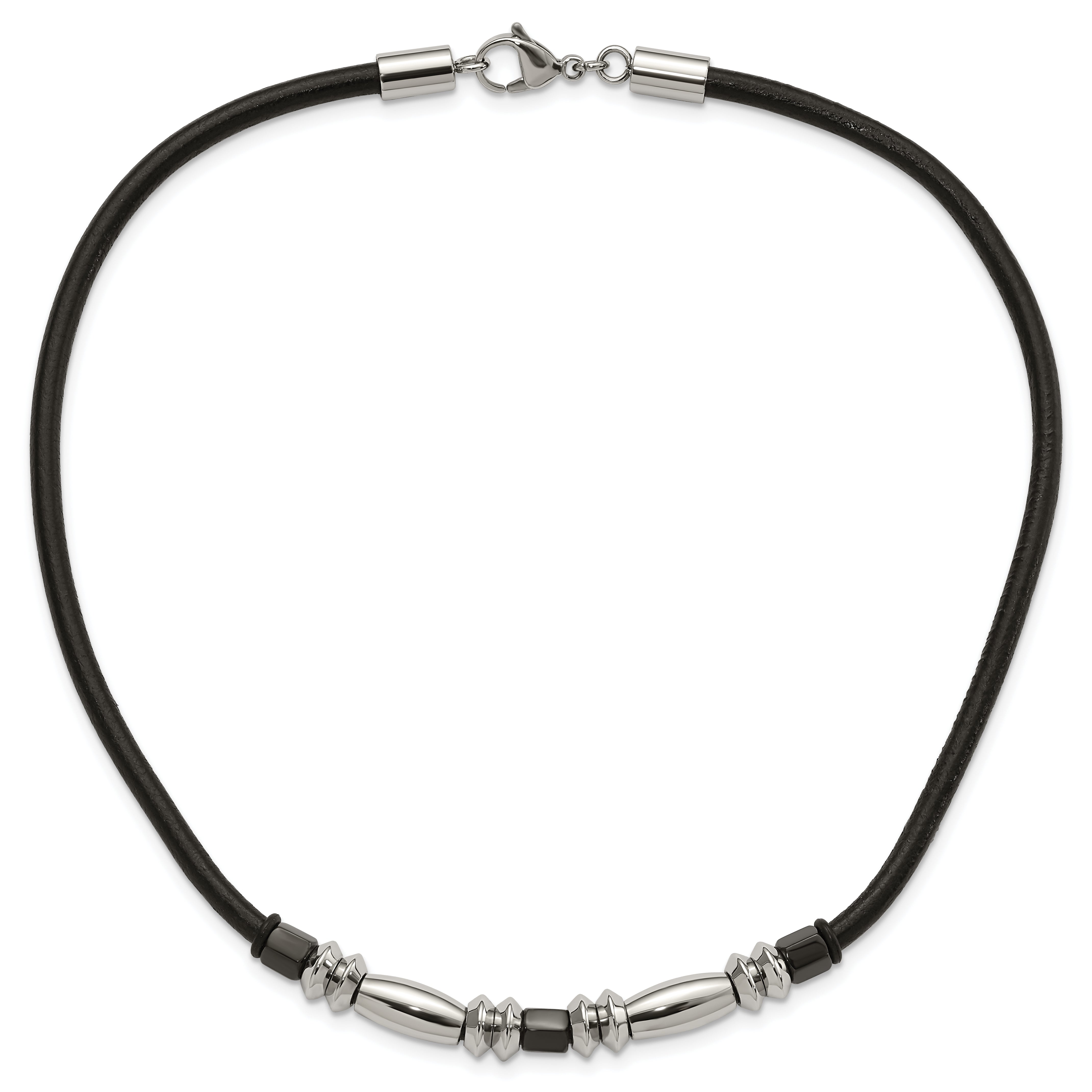 Stainless Steel Polished & Hematite Beads Leather Cord Necklace