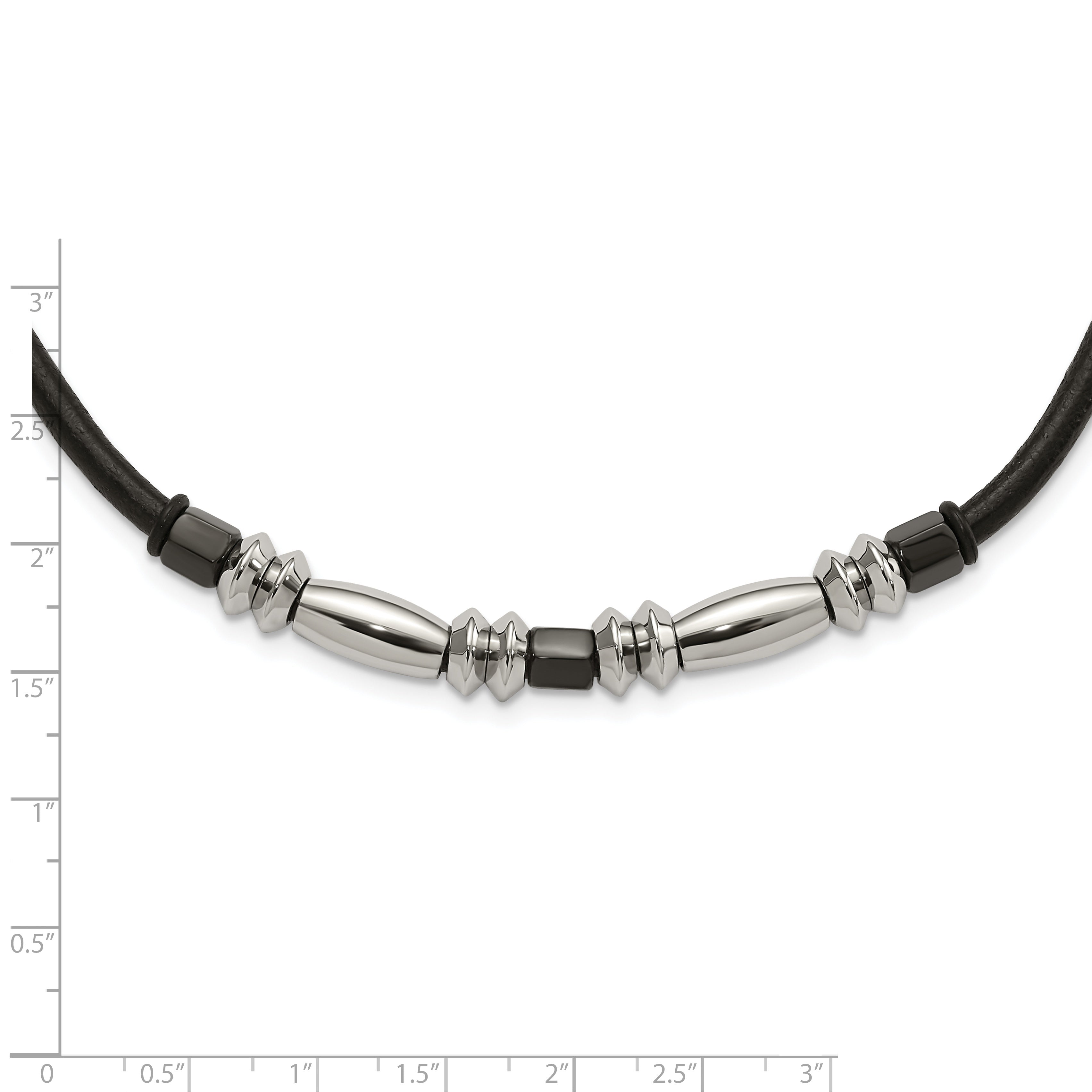 Stainless Steel Polished & Hematite Beads Leather Cord Necklace