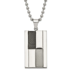 Stainless Steel Polished Black & Grey Carbon Fiber Inlay Dogtag Necklace