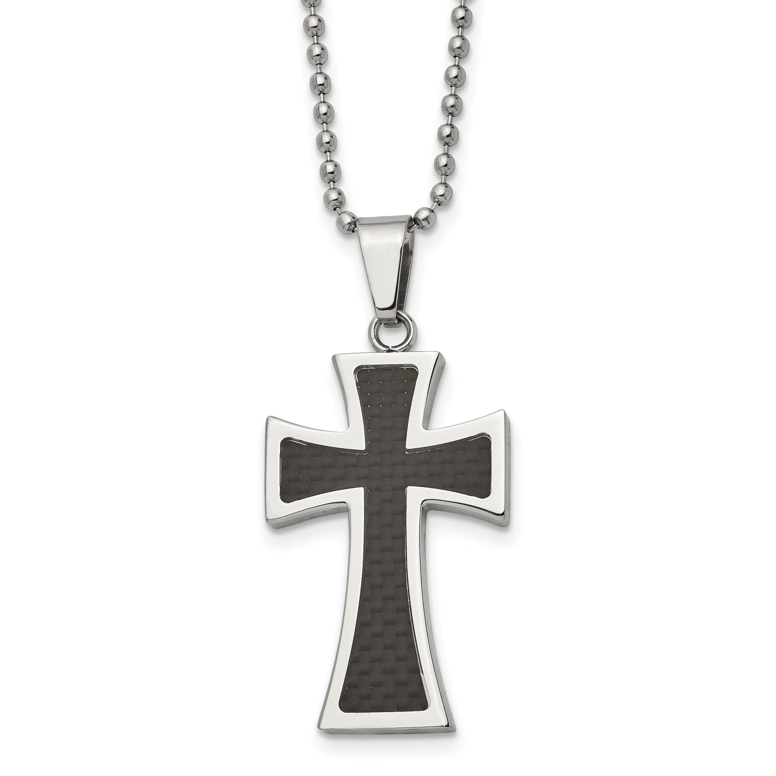 Chisel Stainless Steel Polished with Carbon Fiber Inlay Cross Pendant on a 22 inch Ball Chain Necklace