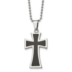 Chisel Stainless Steel Polished with Carbon Fiber Inlay Cross Pendant on a 22 inch Ball Chain Necklace