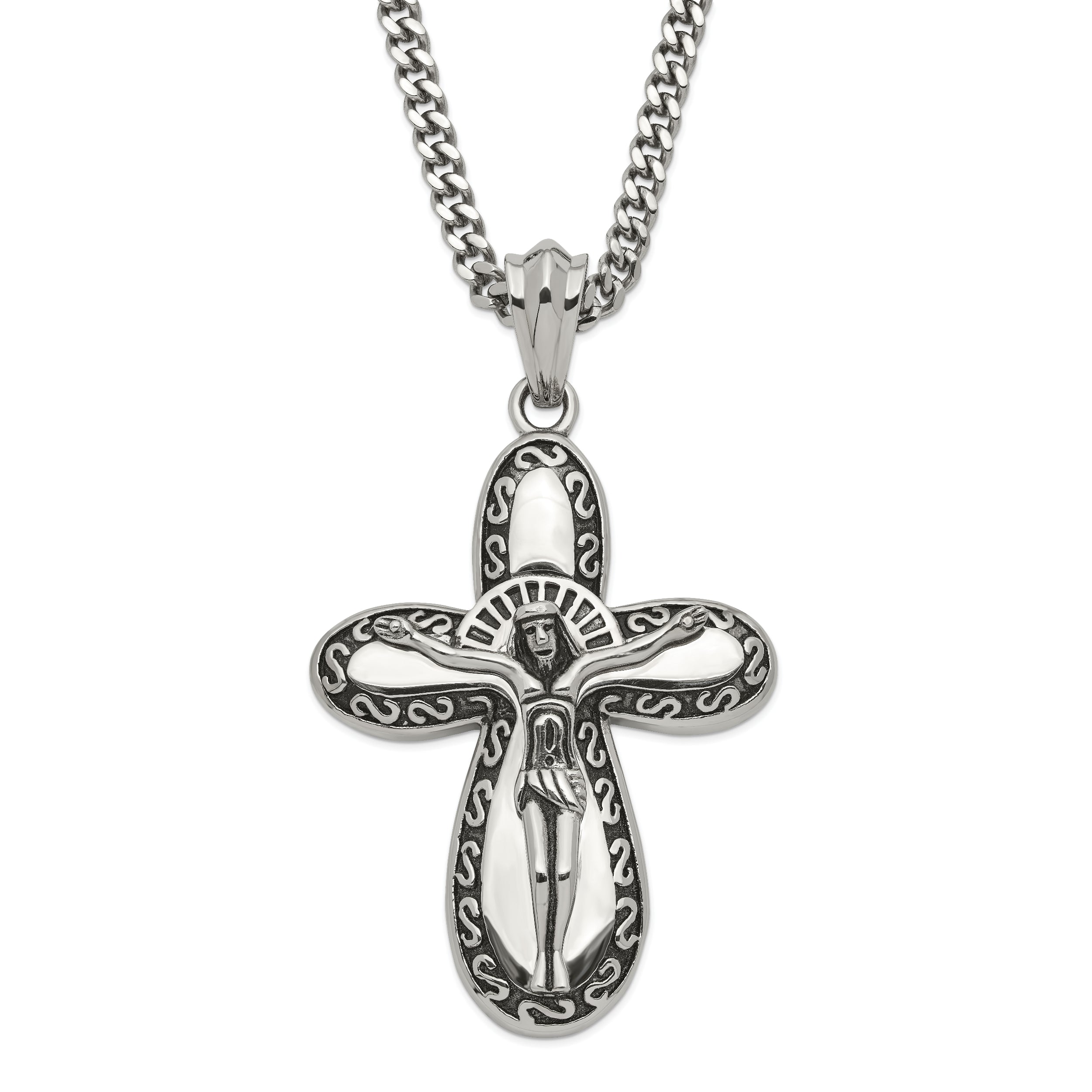 Stainless Steel Antiqued & Polished Crucifix Necklace