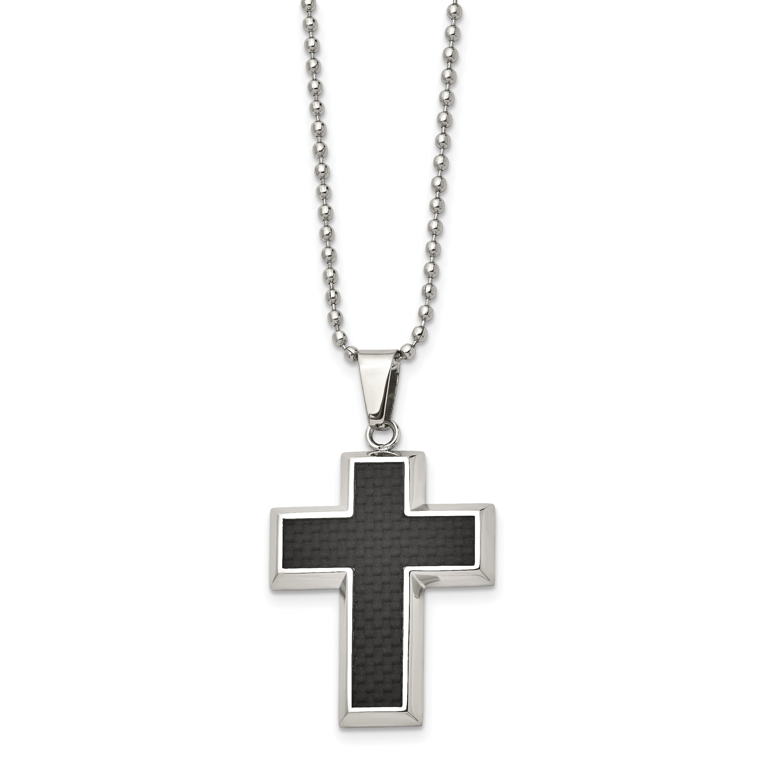 Chisel Stainless Steel Polished with Black Carbon Fiber Inlay Cross Pendant on a 22 inch Ball Chain Necklace