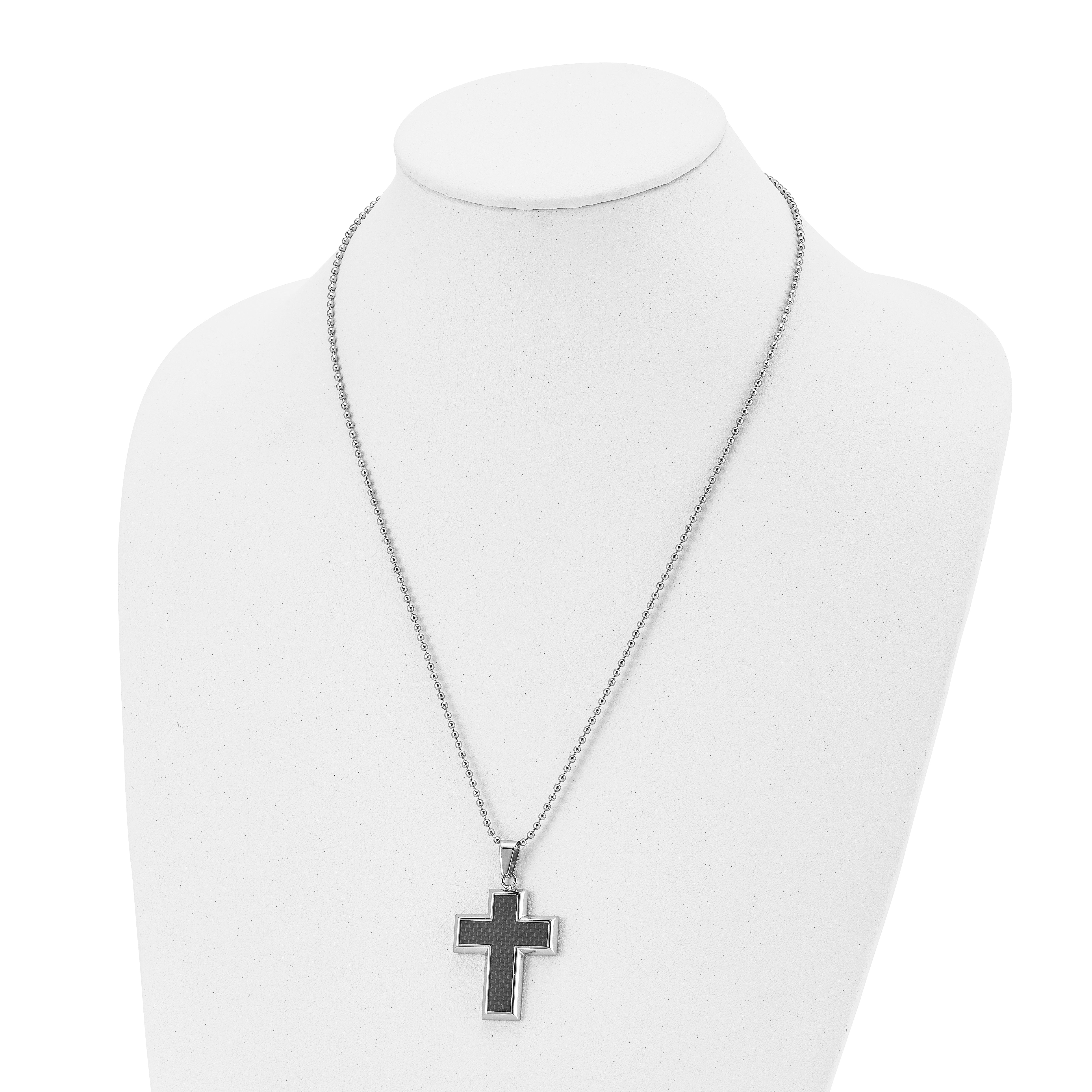 Chisel Stainless Steel Polished with Black Carbon Fiber Inlay Cross Pendant on a 22 inch Ball Chain Necklace