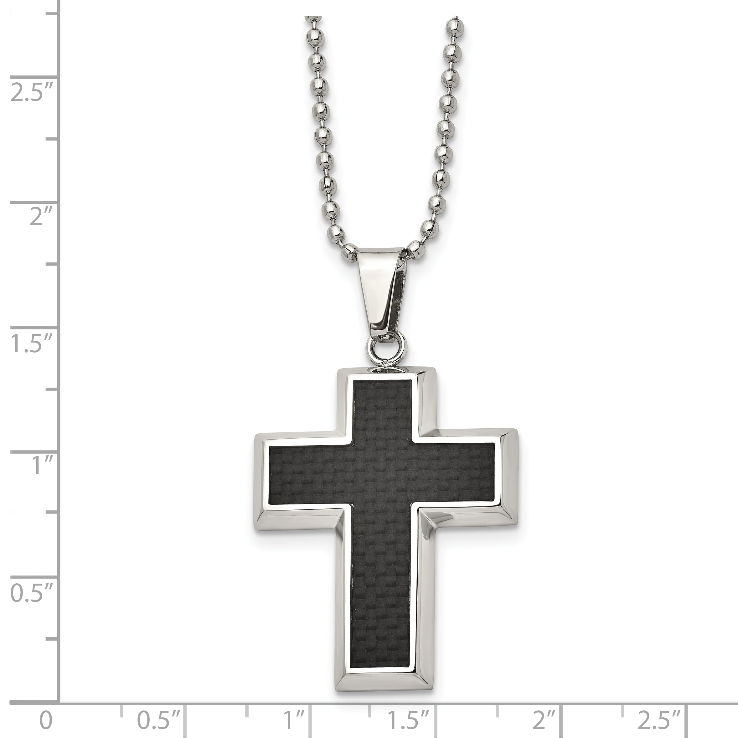 Chisel Stainless Steel Polished with Black Carbon Fiber Inlay Cross Pendant on a 22 inch Ball Chain Necklace