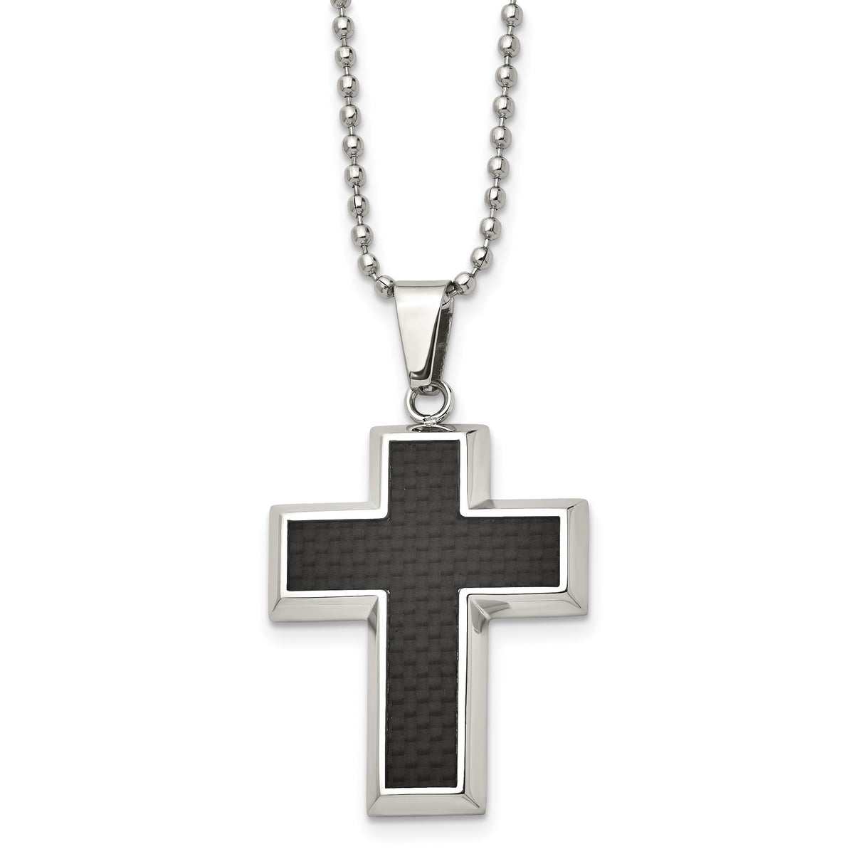 Chisel Stainless Steel Polished with Black Carbon Fiber Inlay Cross Pendant on a 22 inch Ball Chain Necklace