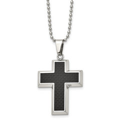 Chisel Stainless Steel Polished with Black Carbon Fiber Inlay Cross Pendant on a 22 inch Ball Chain Necklace