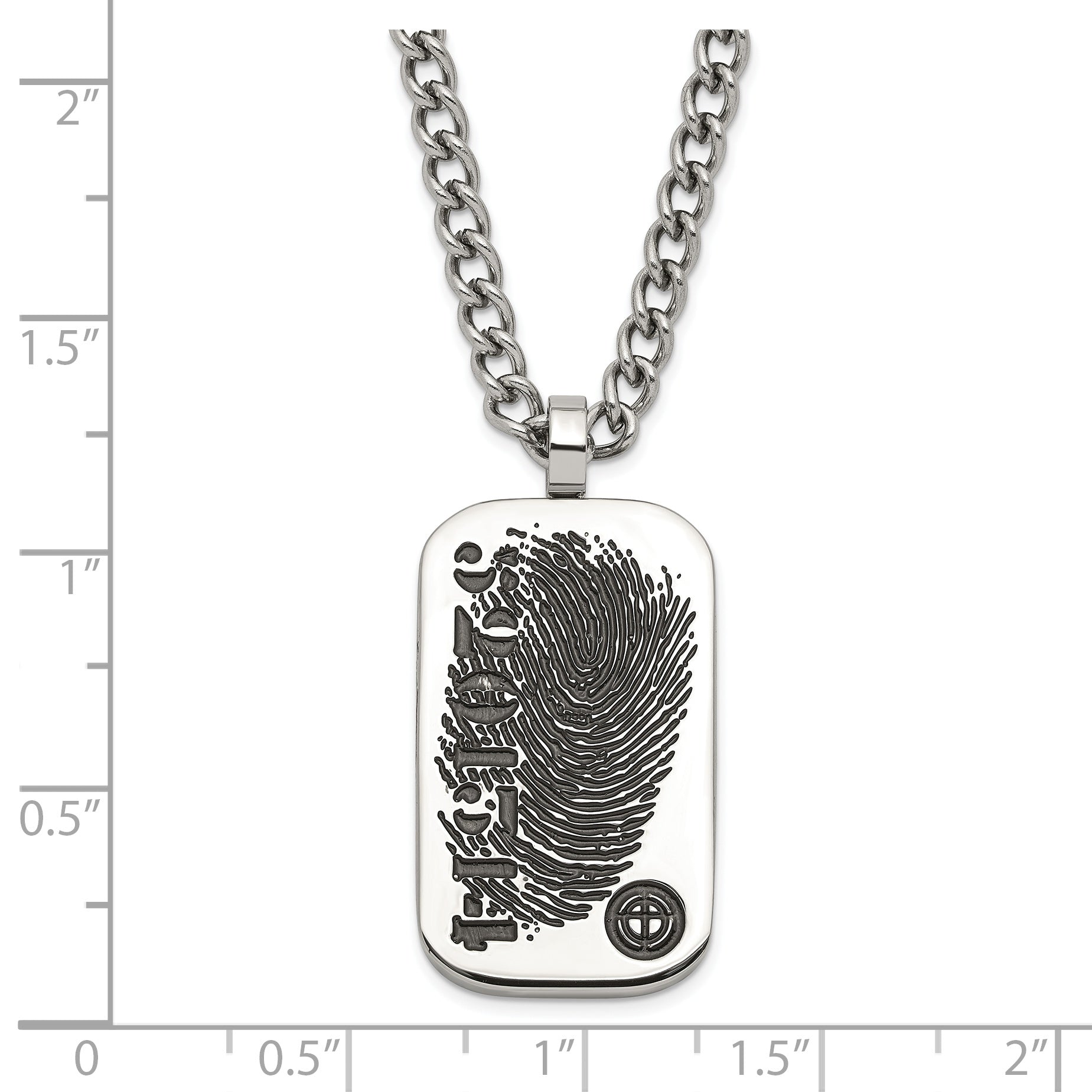 Stainless Steel & Black Enamel Reversible Black CZ Fingerprint Dog Tag w/ 2in ext Necklace