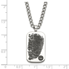 Stainless Steel & Black Enamel Reversible Black CZ Fingerprint Dog Tag w/ 2in ext Necklace