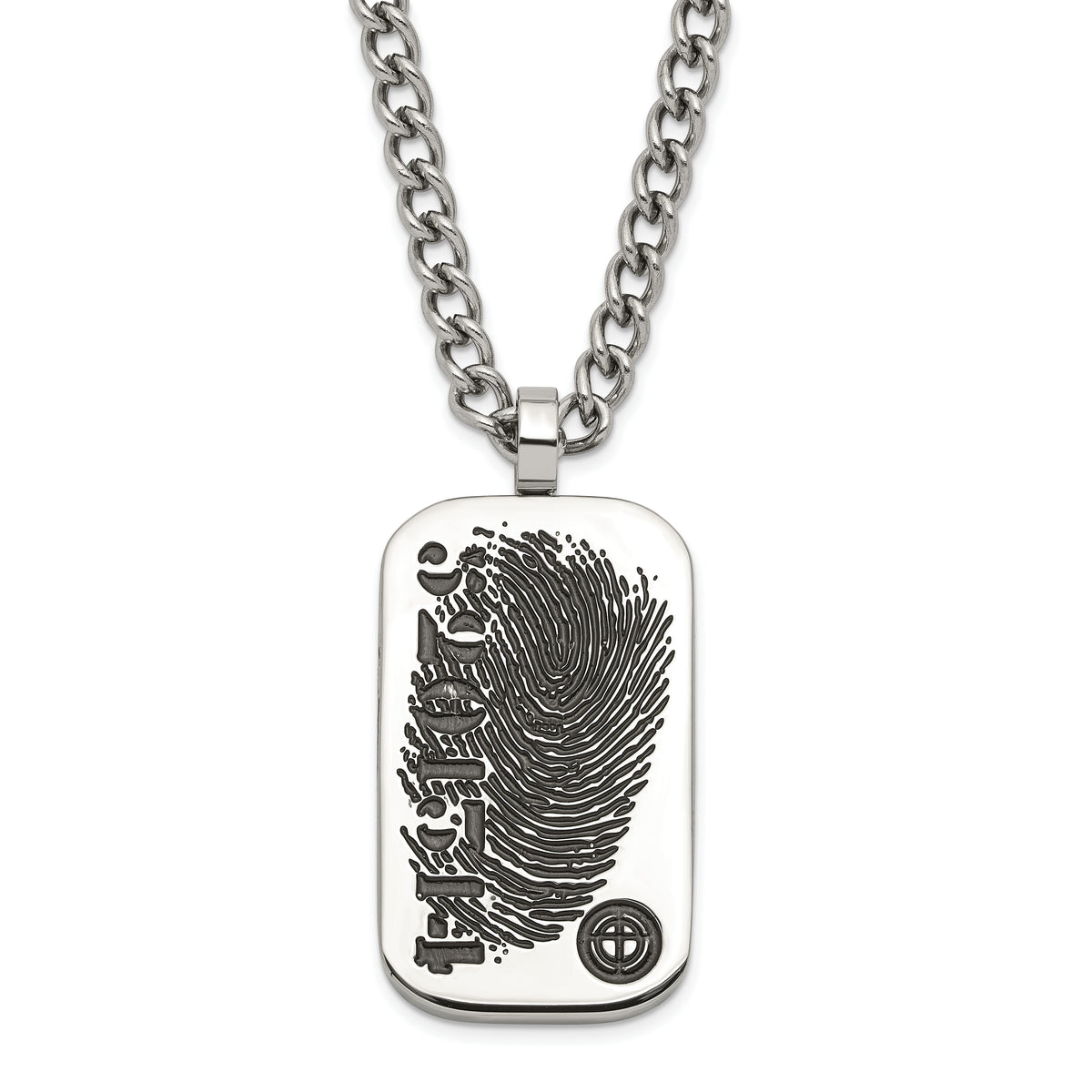 Stainless Steel & Black Enamel Reversible Black CZ Fingerprint Dog Tag w/ 2in ext Necklace