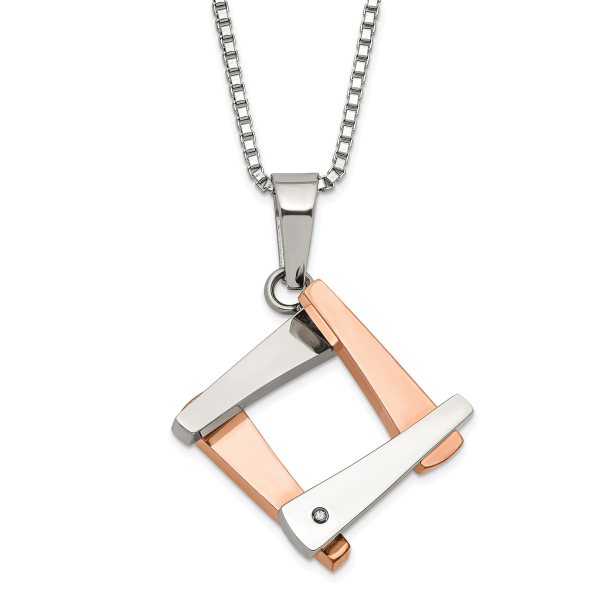 Stainless Steel & Rose IP-plated Polished Fancy CZ Square Necklace