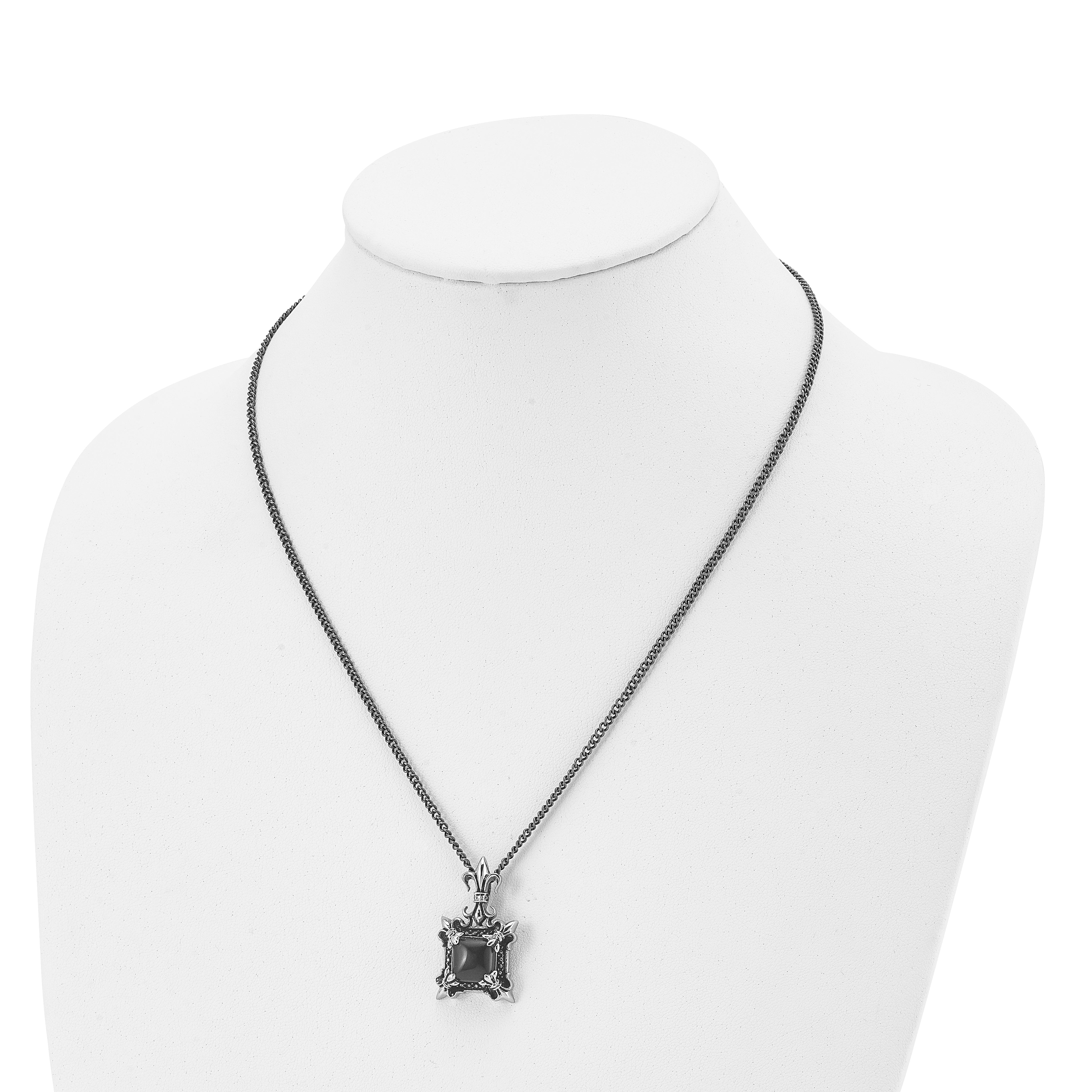 Stainless Steel Men's Necklace with Black Agate Fleur de Lis Pendant