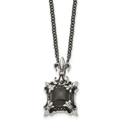 Stainless Steel Antiqued & Polished w/Black Agate Fleur de lis Necklace