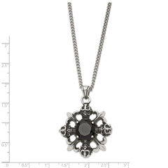 Stainless Steel Antiqued & Polished w/Black CZ Skulls & Fleur de lis Neckla