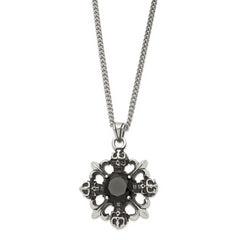 Stainless Steel Antiqued & Polished w/Black CZ Skulls & Fleur de lis Neckla