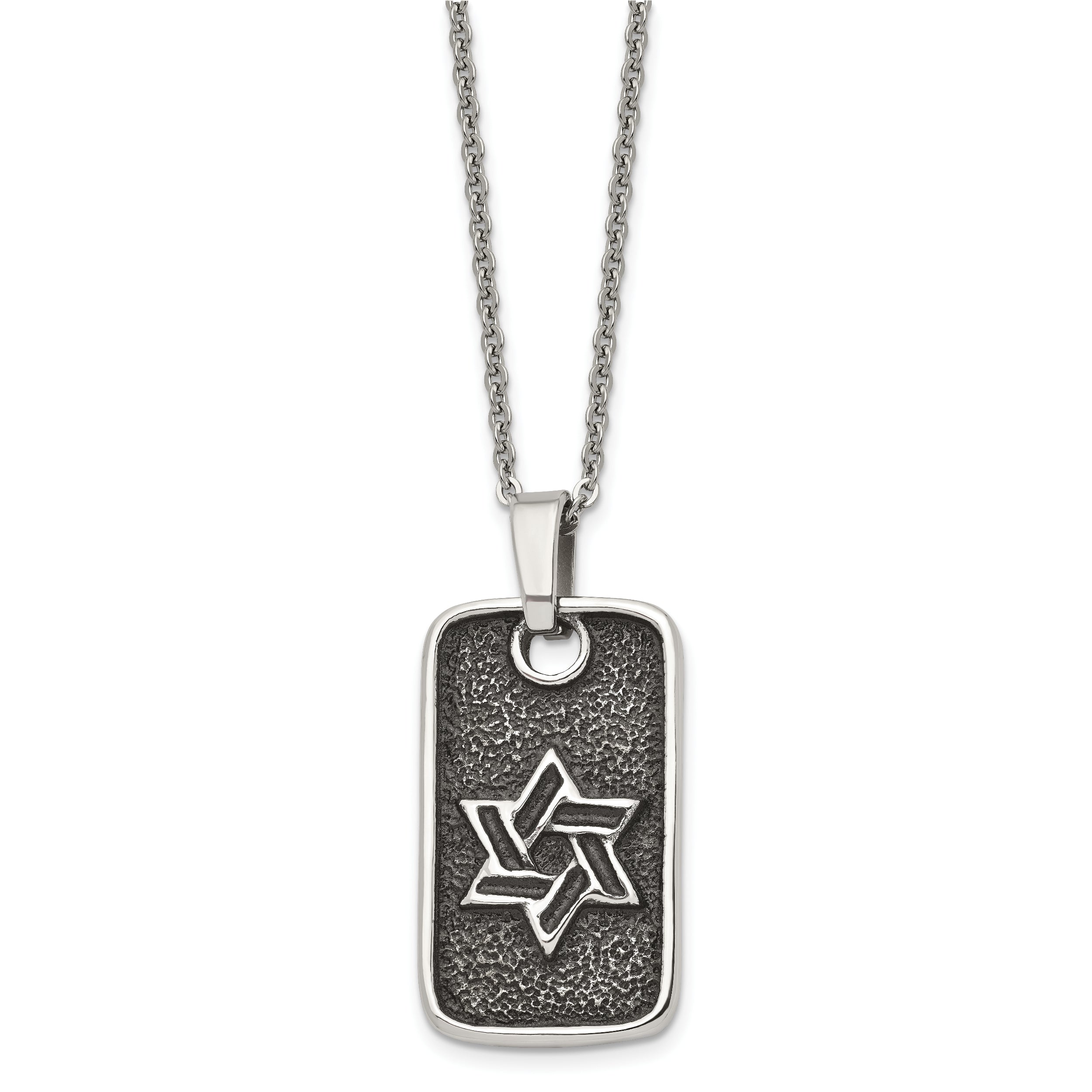 Stainless Steel Antiqued and Polished Star of David Dog Tag 24in Necklace