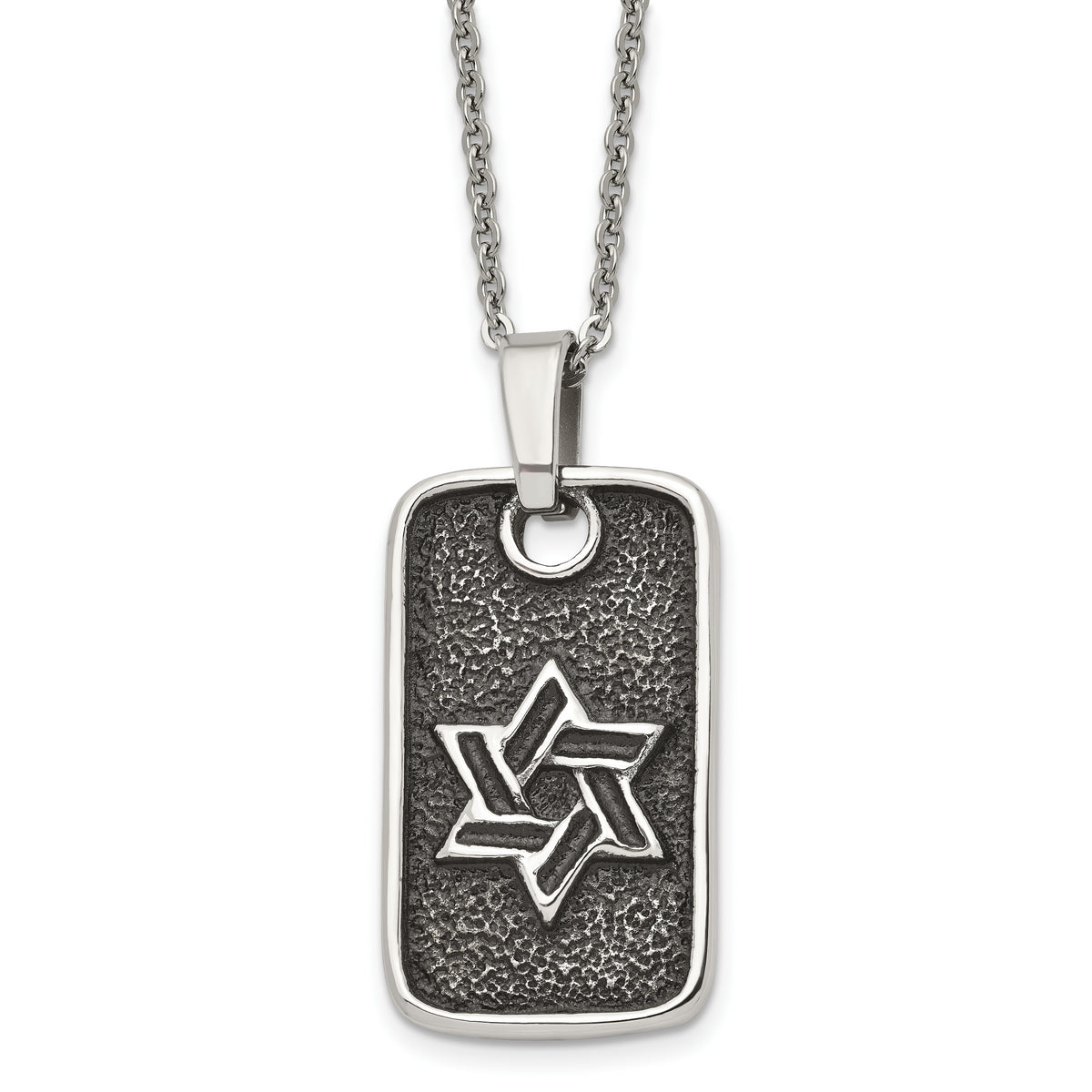 Stainless Steel Antiqued and Polished Star of David Dog Tag 24in Necklace