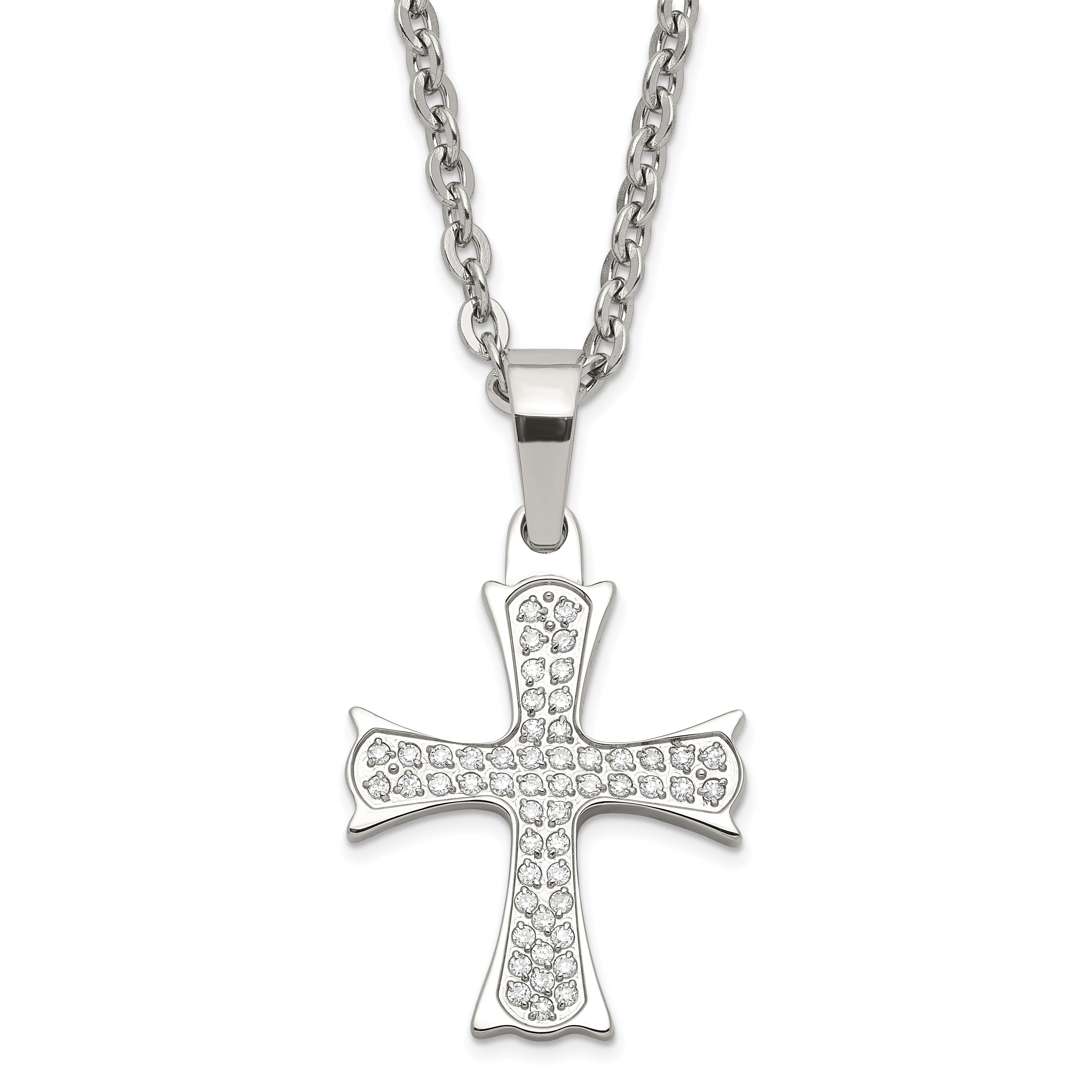 Stainless Steel Polished CZ Cross Necklace