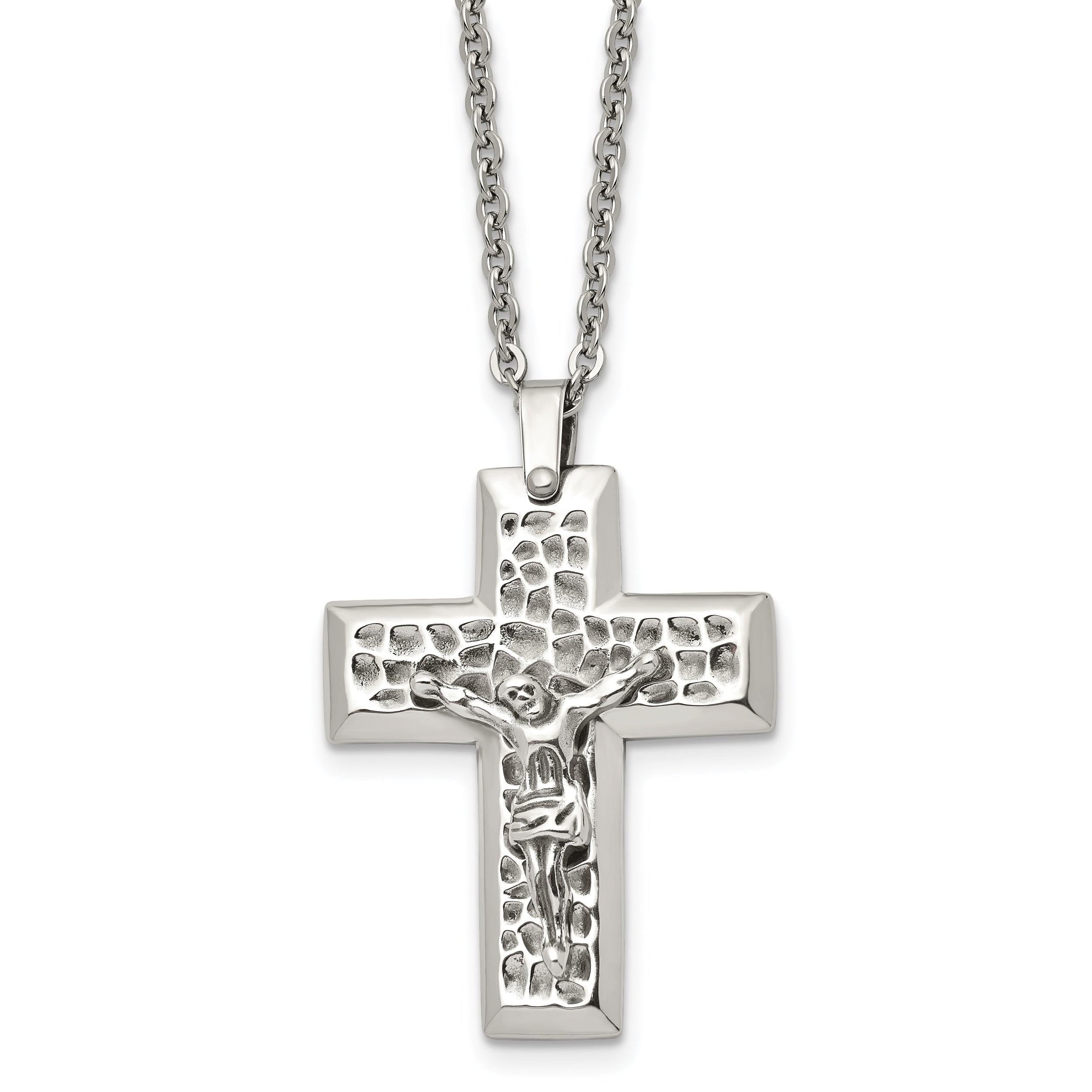 Chisel Stainless Steel Polished and Textured Crucifix Pendant on a 20 inch Cable Chain Necklace