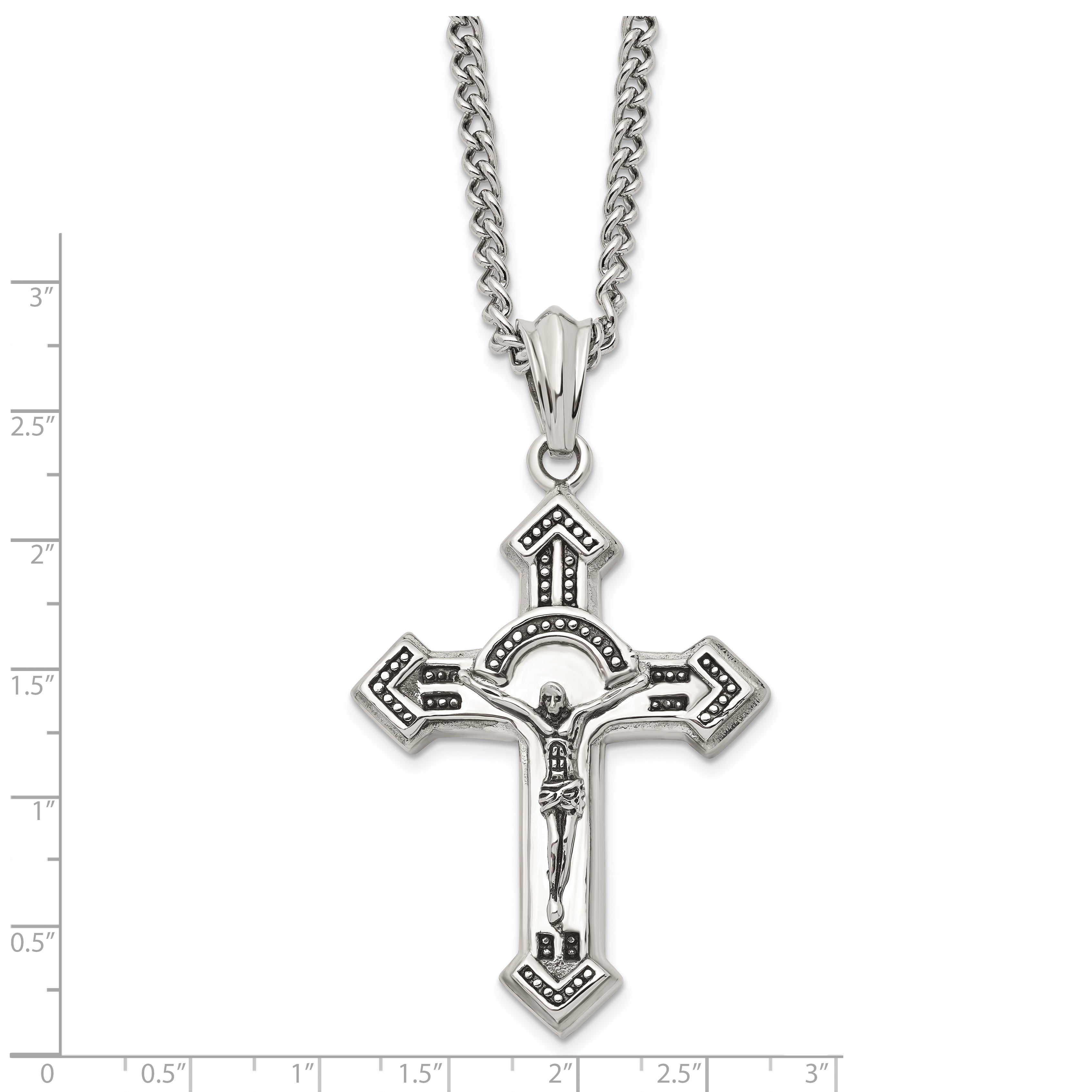 Chisel Stainless Steel Antiqued and Polished Crucifix Pendant on a 24 inch Curb Chain Necklace