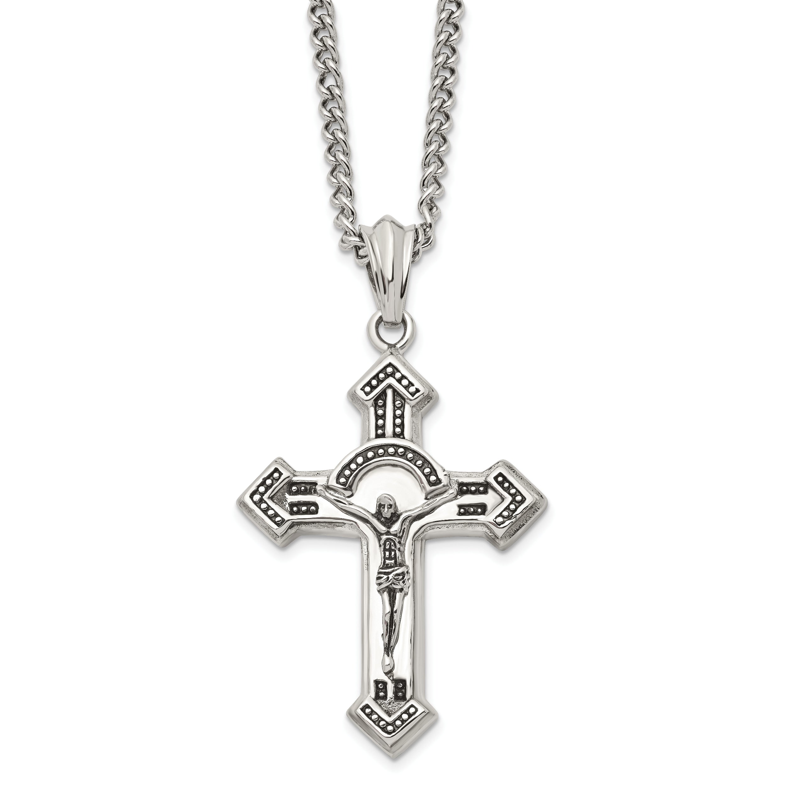 Chisel Stainless Steel Antiqued and Polished Crucifix Pendant on a 24 inch Curb Chain Necklace