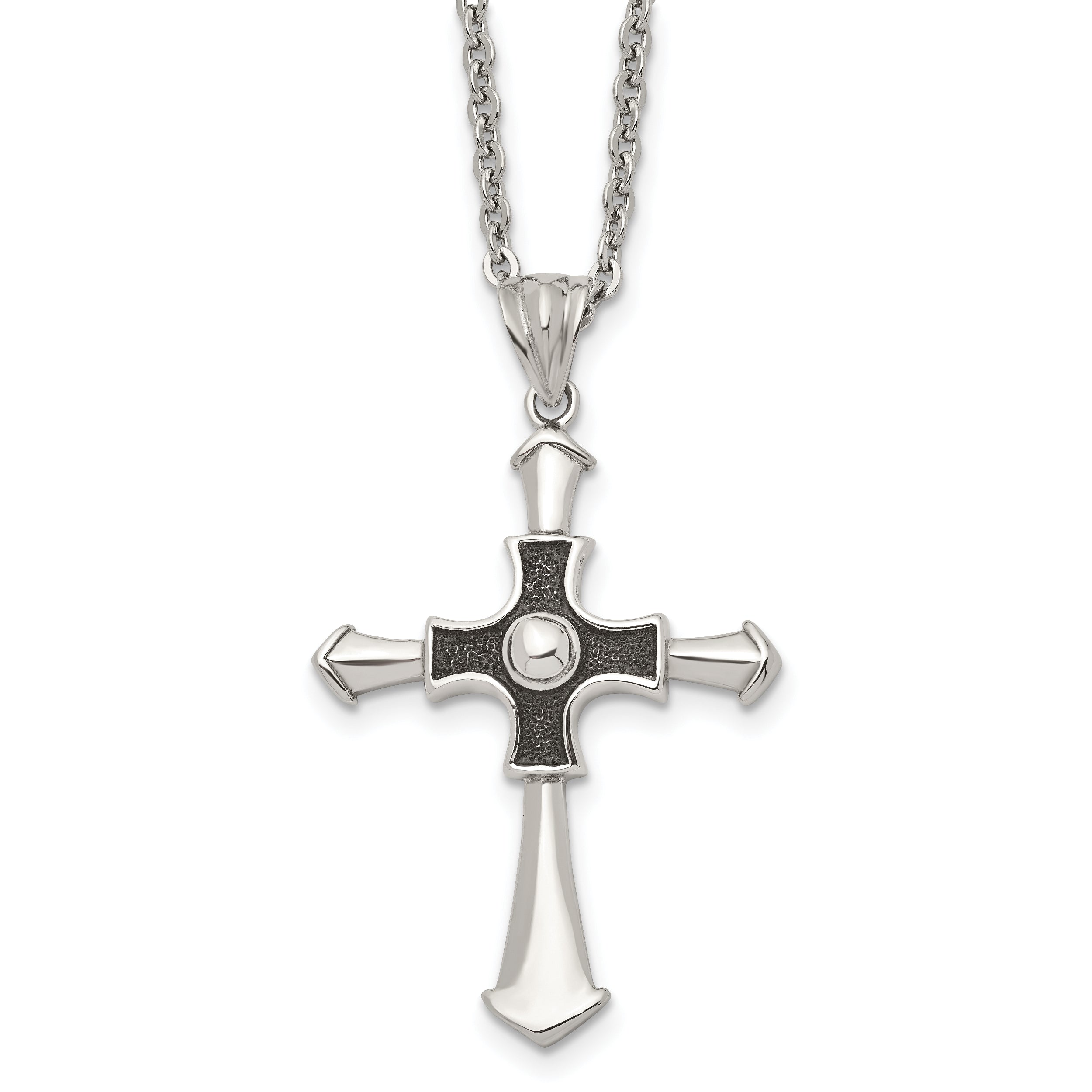 Stainless Steel Antiqued and Polished Cross 22in Necklace