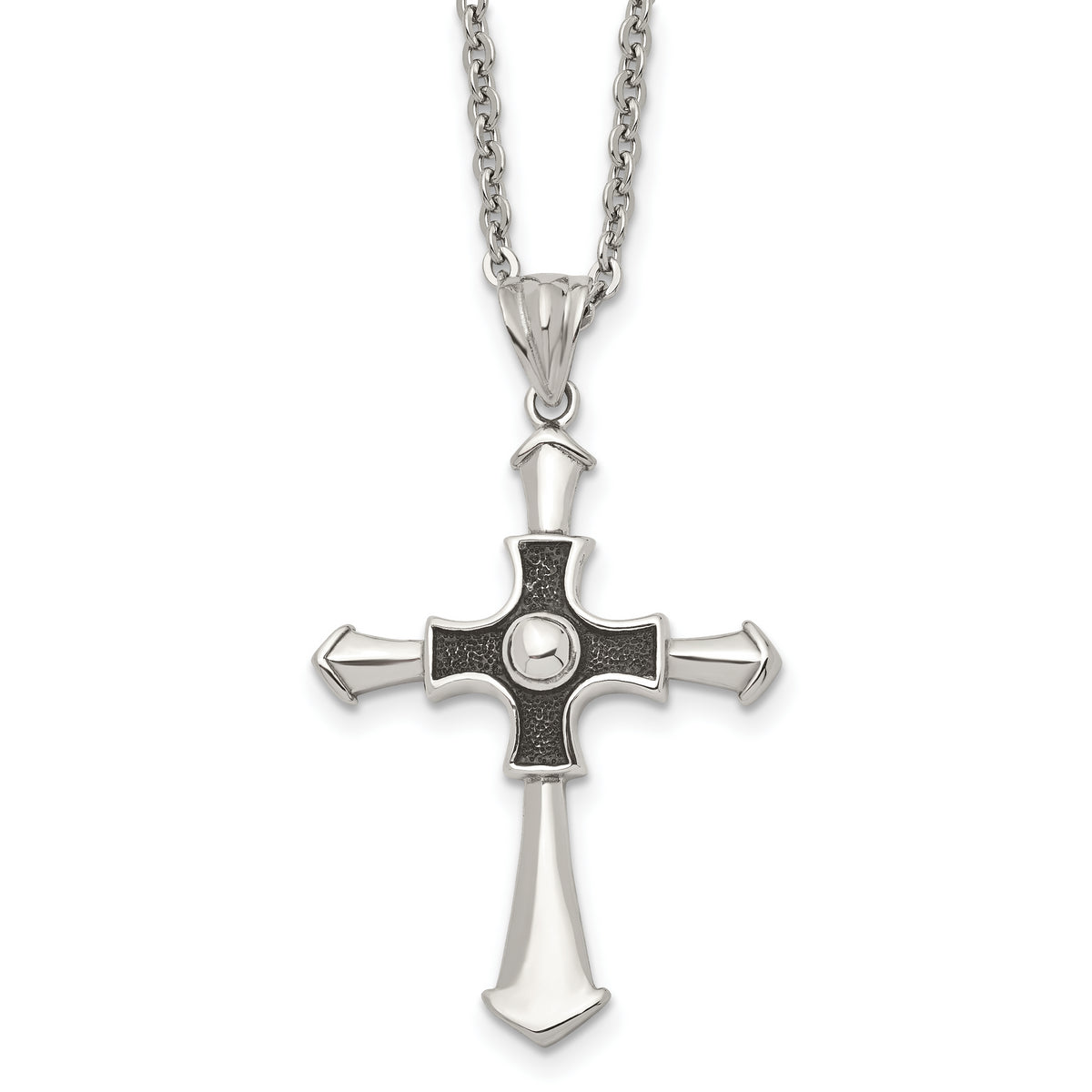 Stainless Steel Antiqued and Polished Cross 22in Necklace