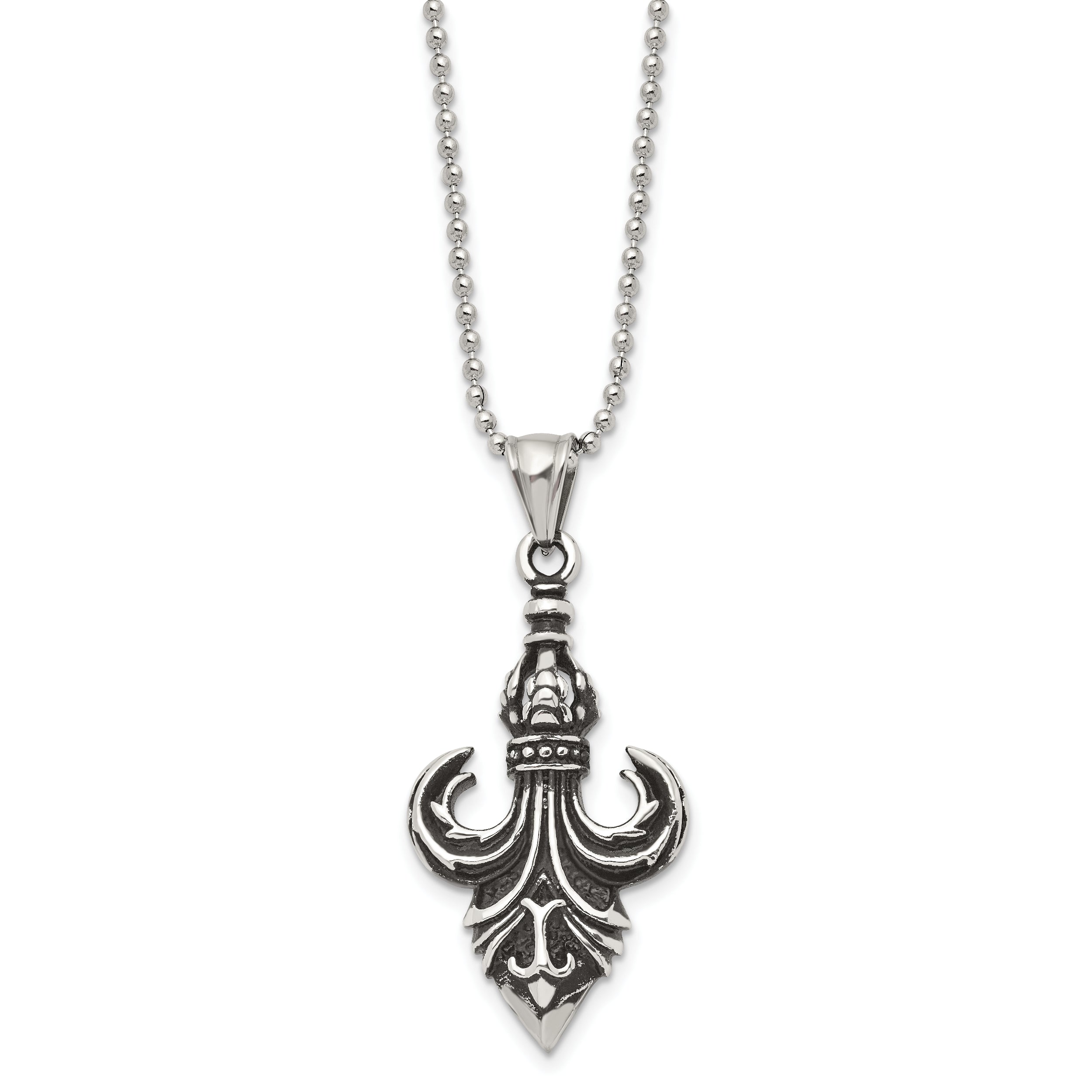 Sophia Jewelers Stainless Steel Men's Fleur de Lis Necklace 24 Polished & Antiqued