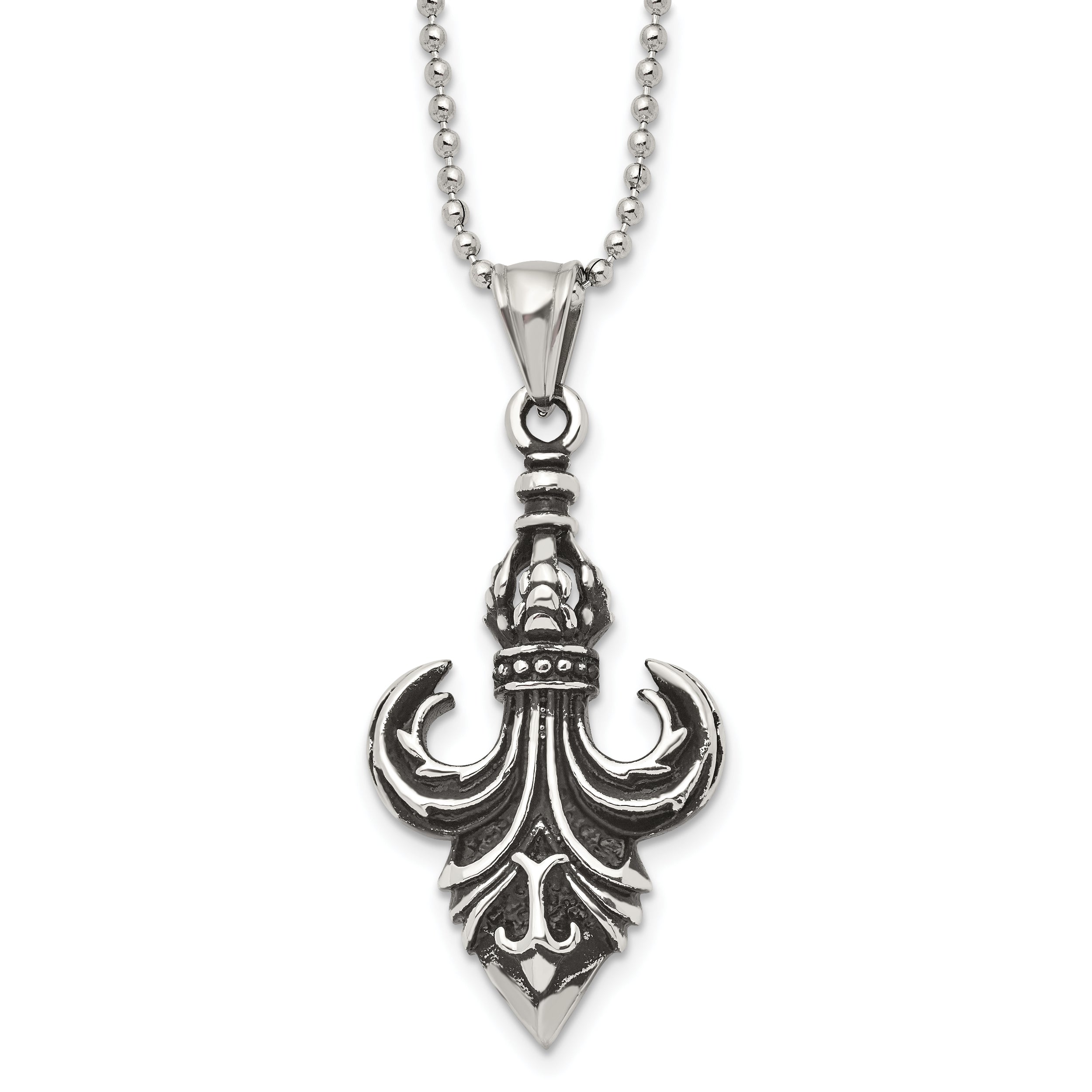 Stainless Steel Antiqued and Polished Fleur de lis 24in Necklace