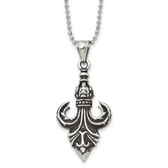 Stainless Steel Antiqued and Polished Fleur de lis 24in Necklace