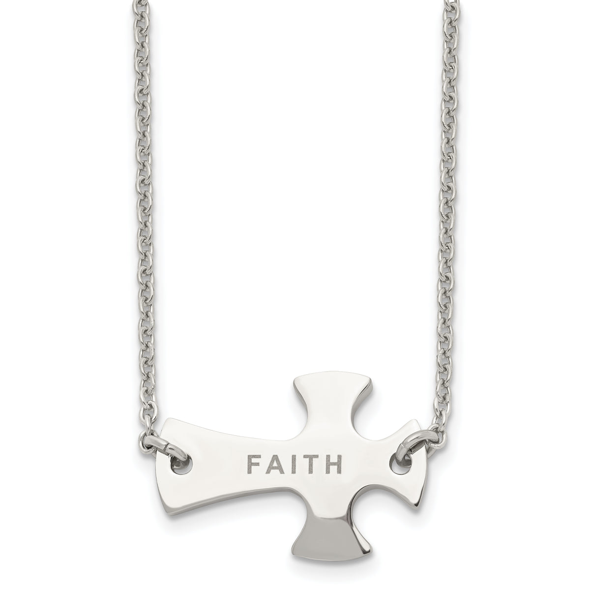 Chisel Stainless Steel Polished FAITH Sideways Cross on a 19 inch Cable Chain Necklace