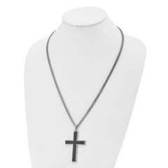 Chisel Stainless Steel Polished with Black Carbon Fiber Inlay Cross Pendant on a 24 inch Curb Chain Necklace