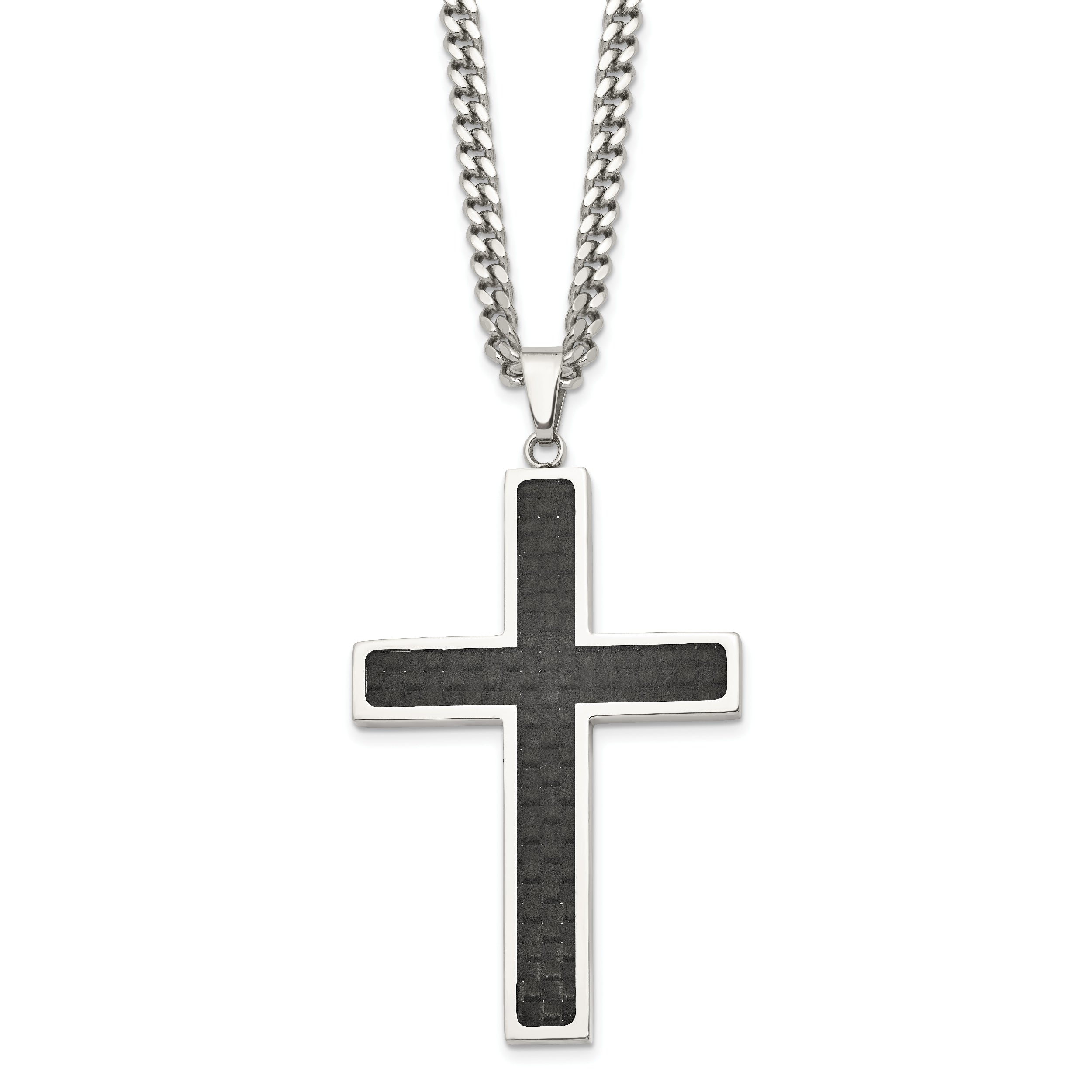 Chisel Stainless Steel Polished with Black Carbon Fiber Inlay Cross Pendant on a 24 inch Curb Chain Necklace