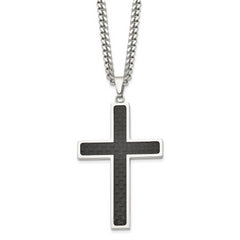 Chisel Stainless Steel Polished with Black Carbon Fiber Inlay Cross Pendant on a 24 inch Curb Chain Necklace