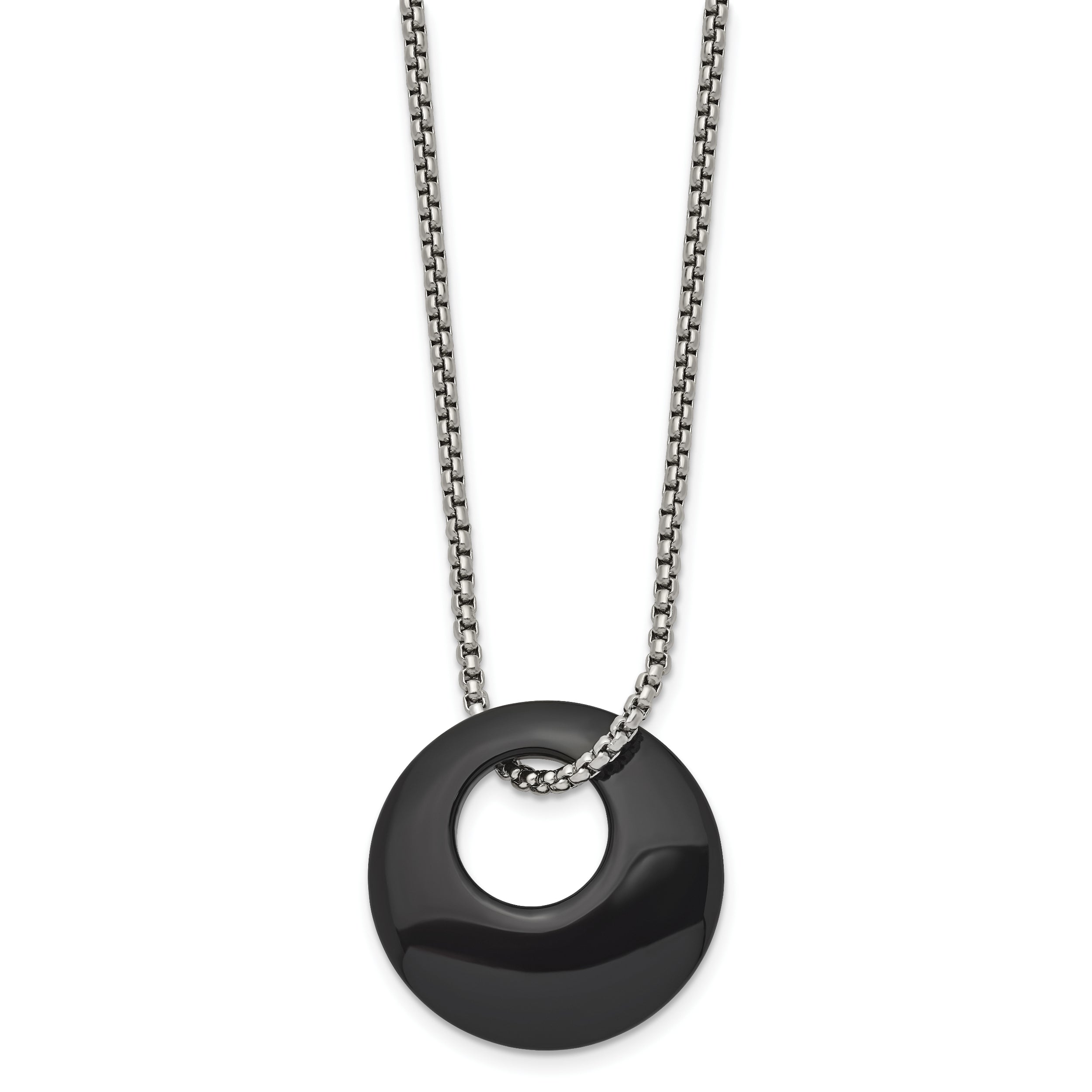 Chisel Stainless Steel Polished Black Onyx Circle Pendant on an 18 inch Box Chain Necklace