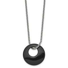 Chisel Stainless Steel Polished Black Onyx Circle Pendant on an 18 inch Box Chain Necklace